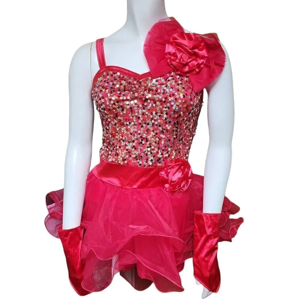 Weissman Pink Sequin & Mesh Dance Costume, Gloves, & Hair Bow (XL)